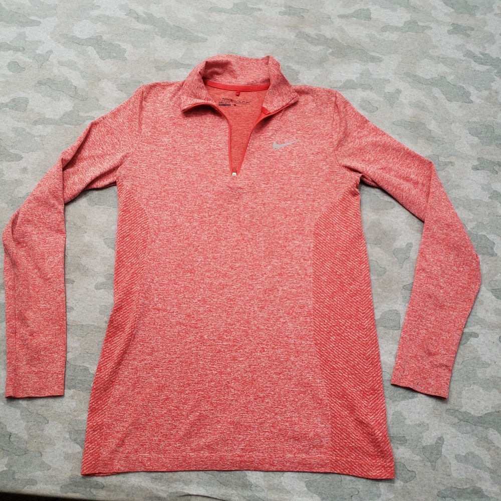 Nike Golf Shirt Womens Medium Orange Dri-Fit Quarter Zip‎ Long Sleeve